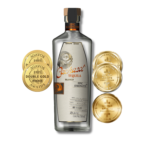 Cachasol Epic Strength Tequila bottle with award medals